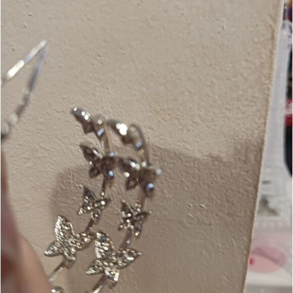 Silver Diamond Butterfly Hoop Earrings - Picture 7 of 9